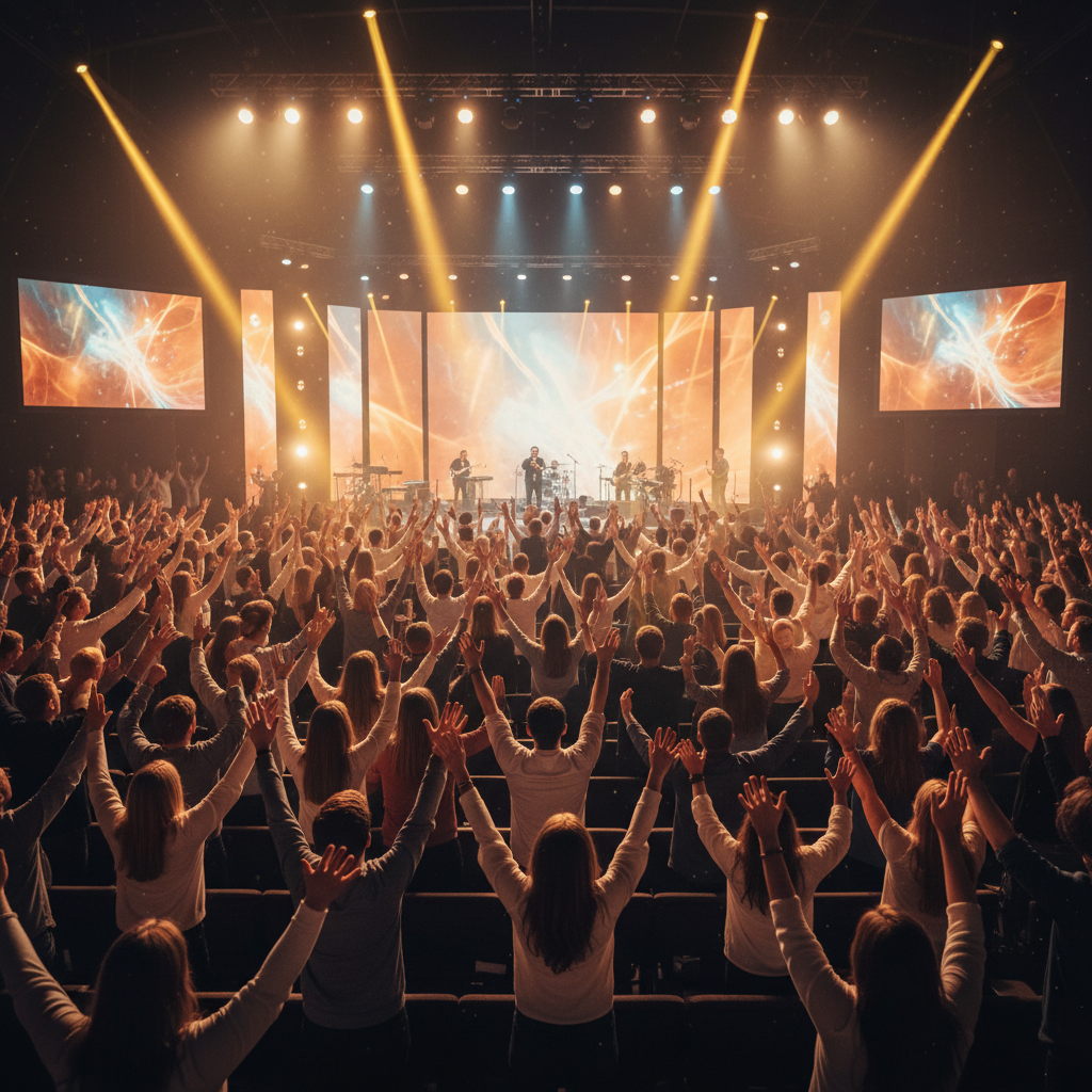 Vibrant church congregation worshipping with hands raised in bright golden light